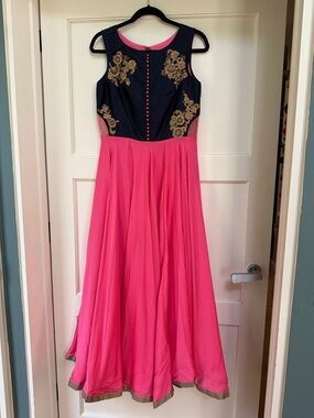 Navy and Hot Pink Embroidered Evening Gown